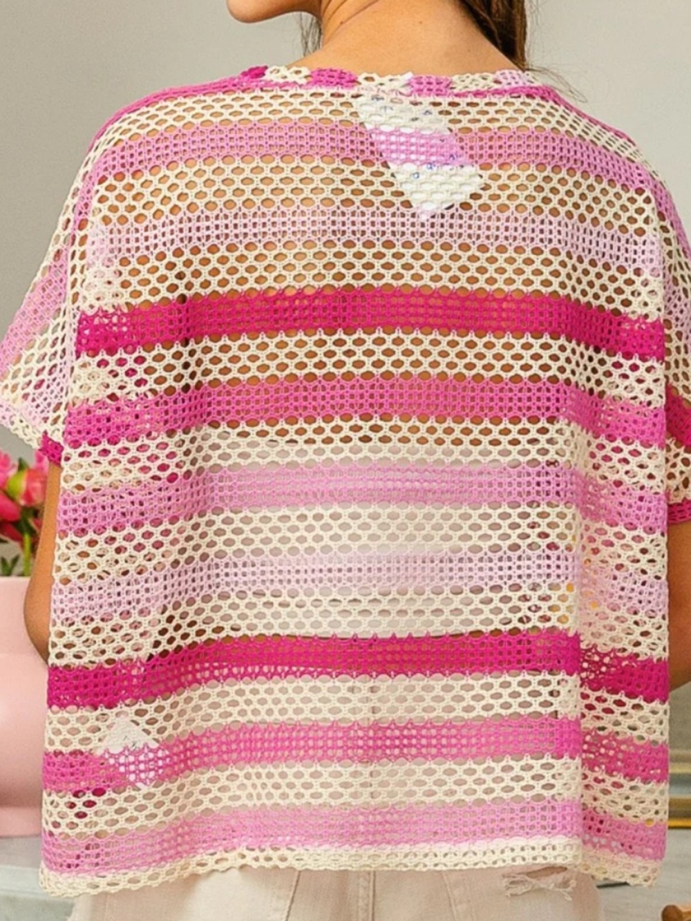 BIBI Pink and Cream Striped Crochet Open-Knit Top!!! XL - Picture 3 of 6